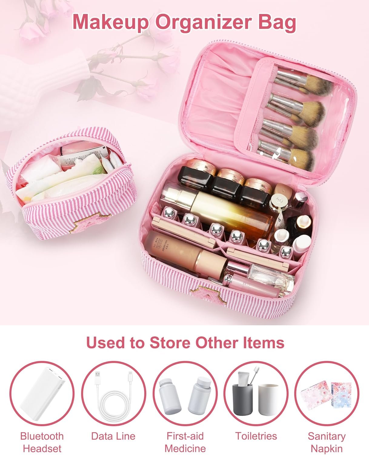 Custom Logo Initial Makeup Bag, Private Label Monogram Cosmetic Pouch Easter Basket Gifts for Teens Girls Women, Pink Letter A Manufacturer