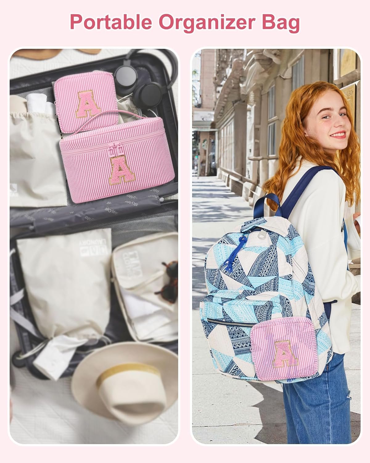 Custom Logo Initial Makeup Bag, Private Label Monogram Cosmetic Pouch Easter Basket Gifts for Teens Girls Women, Pink Letter A Manufacturer