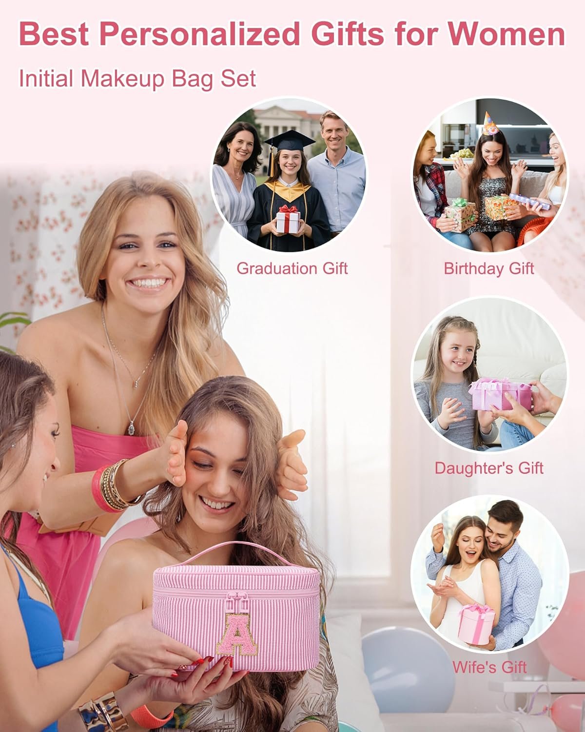 Custom Logo Initial Makeup Bag, Private Label Monogram Cosmetic Pouch Easter Basket Gifts for Teens Girls Women, Pink Letter A Manufacturer