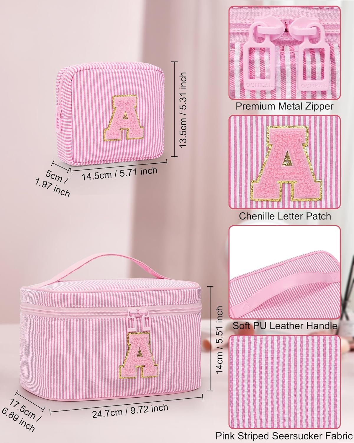 Custom Logo Initial Makeup Bag, Private Label Monogram Cosmetic Pouch Easter Basket Gifts for Teens Girls Women, Pink Letter A Manufacturer