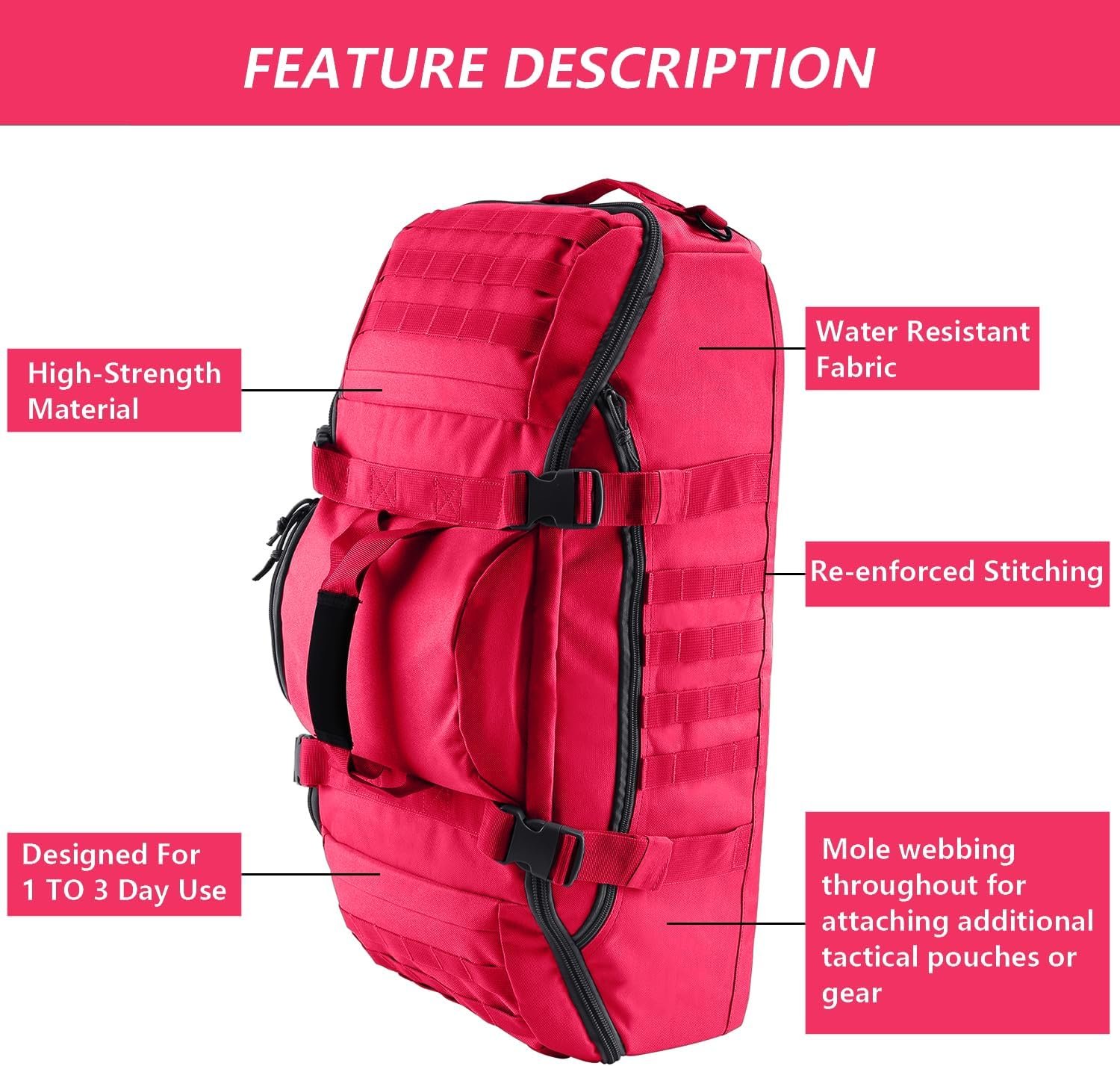 Private Label 65L Large Duffle Bag 3-in-1 Custom Logo Tactical Backpack MOLLE Pack for Sports Gym Outdoor Red Manufacturer