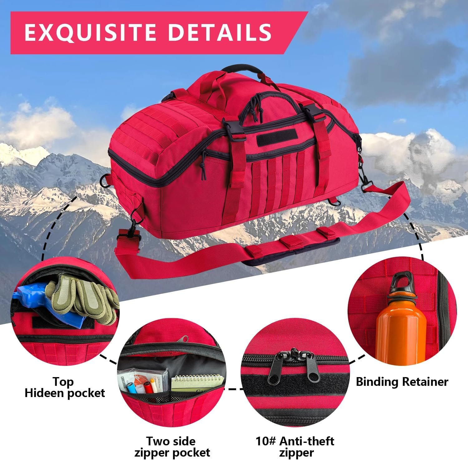 Private Label 65L Large Duffle Bag 3-in-1 Custom Logo Tactical Backpack MOLLE Pack for Sports Gym Outdoor Red Manufacturer