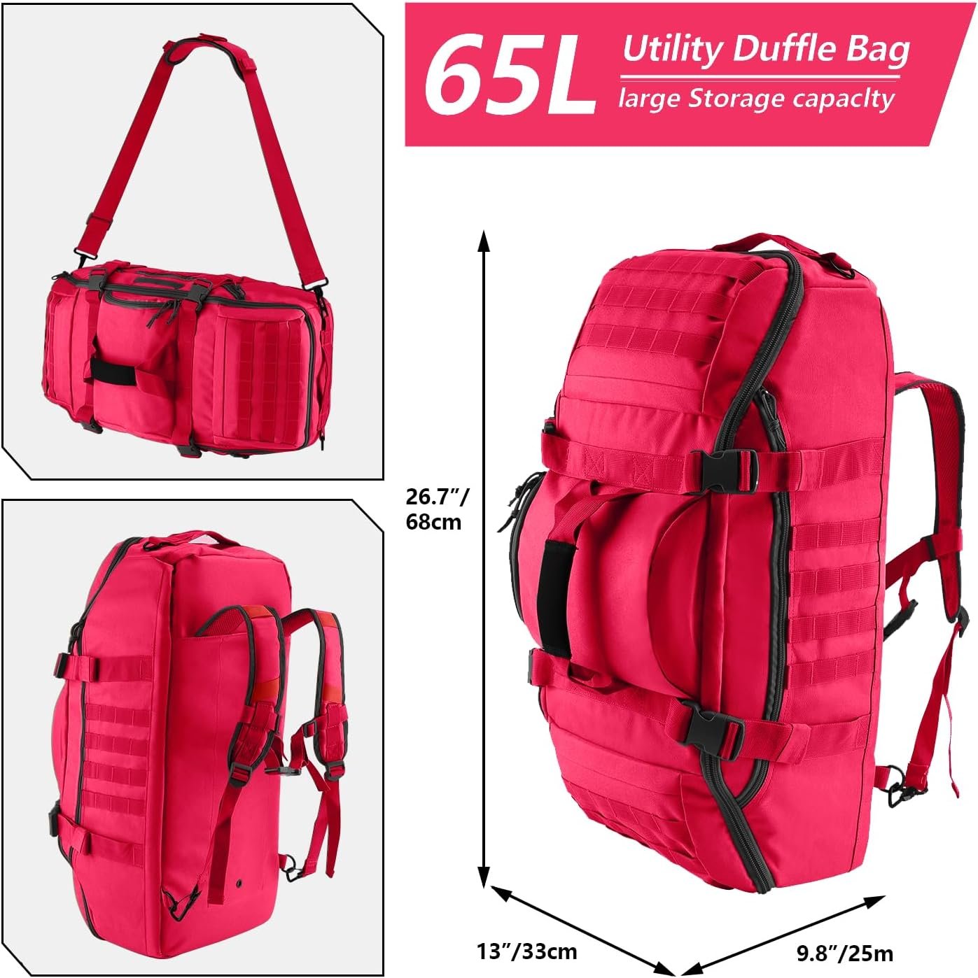 Private Label 65L Large Duffle Bag 3-in-1 Custom Logo Tactical Backpack MOLLE Pack for Sports Gym Outdoor Red Manufacturer