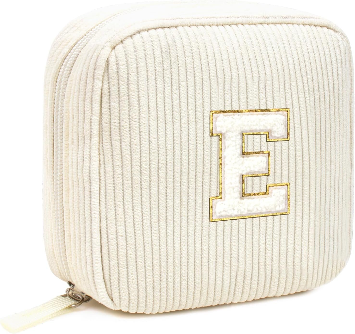 Private Label Small Personalized Initial Monogram Preppy Corduroy Makeup Bag Travel Toiletry Cute Pouch Purse Custom Logo Birthday Gifts for Women Mom Girlfriend Wife Sister Teacher Bridesmaid Manufacturer