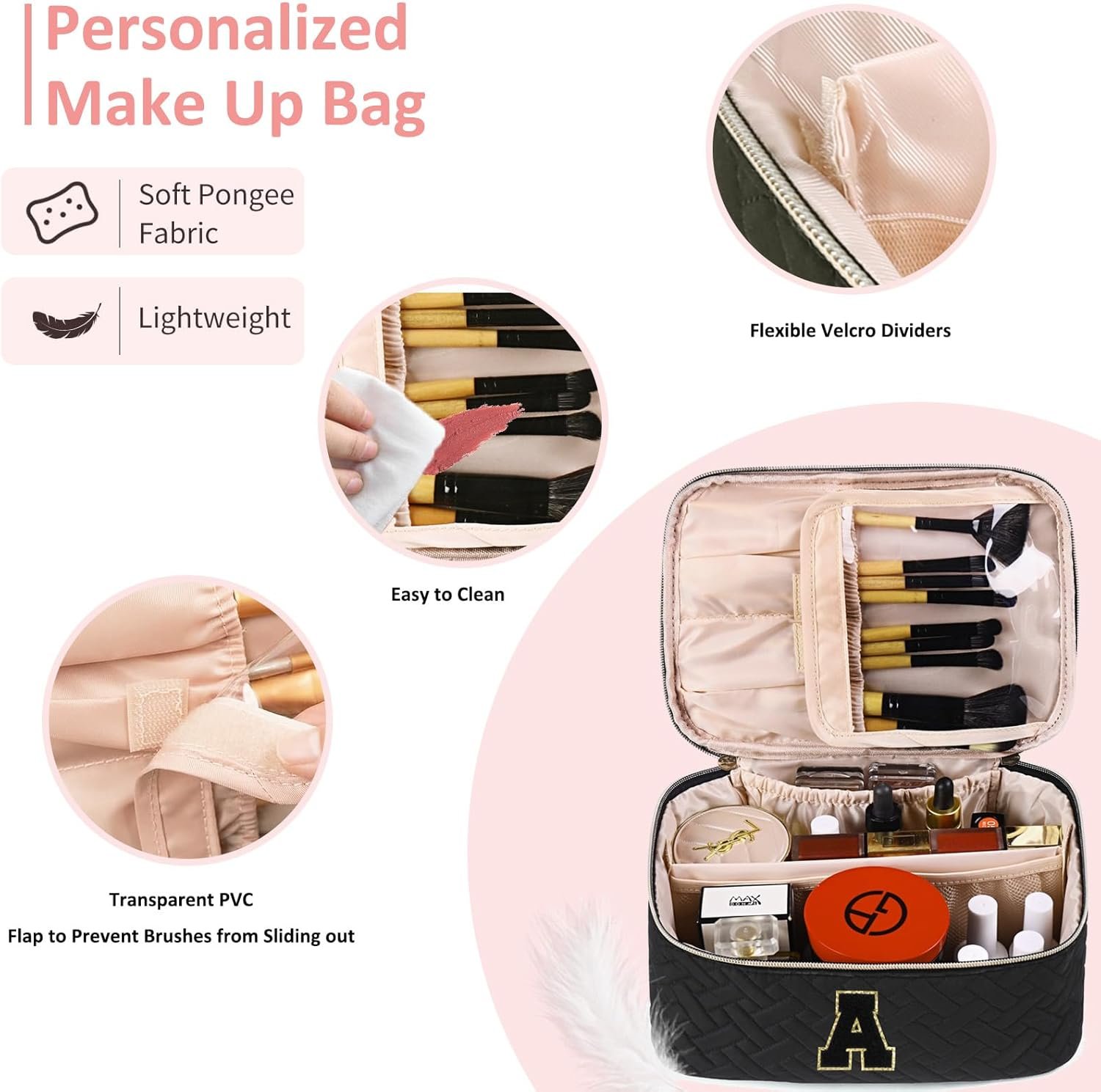 Custom Logo Chenille Initial Personalized Makeup Organizer Bag for Girls with Zipper Private Label Preppy Quilted Portable Cosmetic Pouch Teen Birthday Gifts Manufacturer (A, Black)