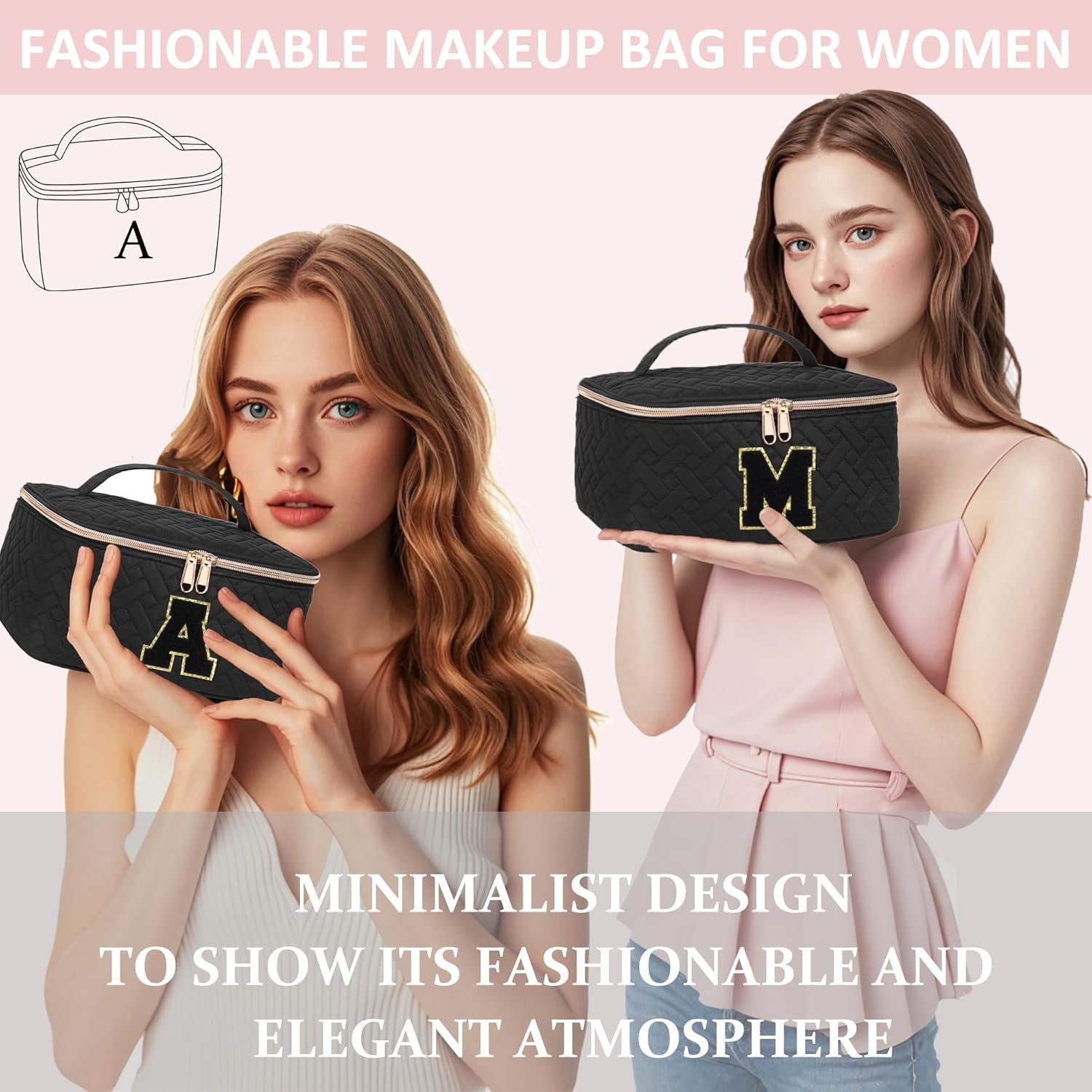 Custom Logo Chenille Initial Personalized Makeup Organizer Bag for Girls with Zipper Private Label Preppy Quilted Portable Cosmetic Pouch Teen Birthday Gifts Manufacturer (A, Black)