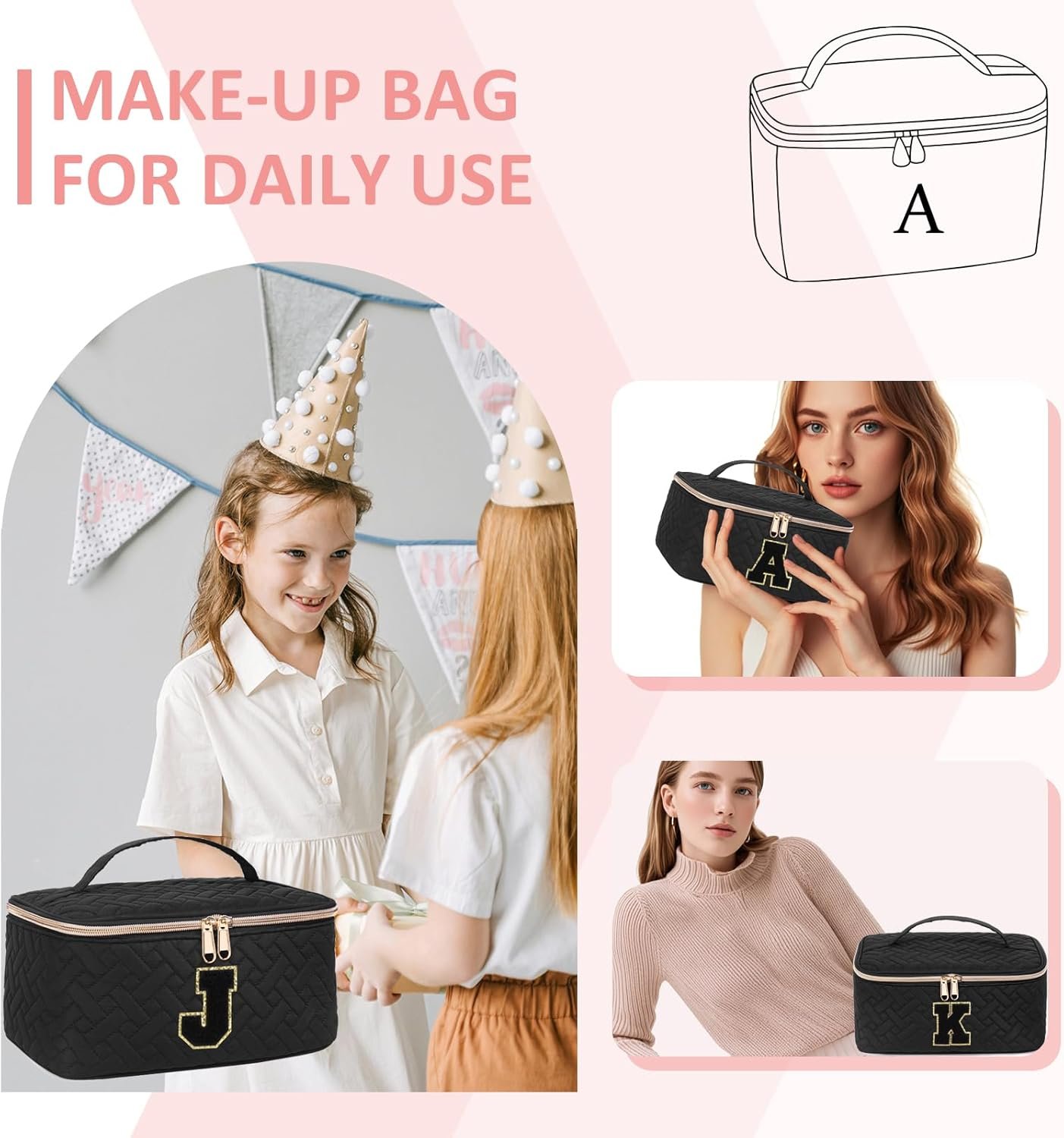 Custom Logo Chenille Initial Personalized Makeup Organizer Bag for Girls with Zipper Private Label Preppy Quilted Portable Cosmetic Pouch Teen Birthday Gifts Manufacturer (A, Black)