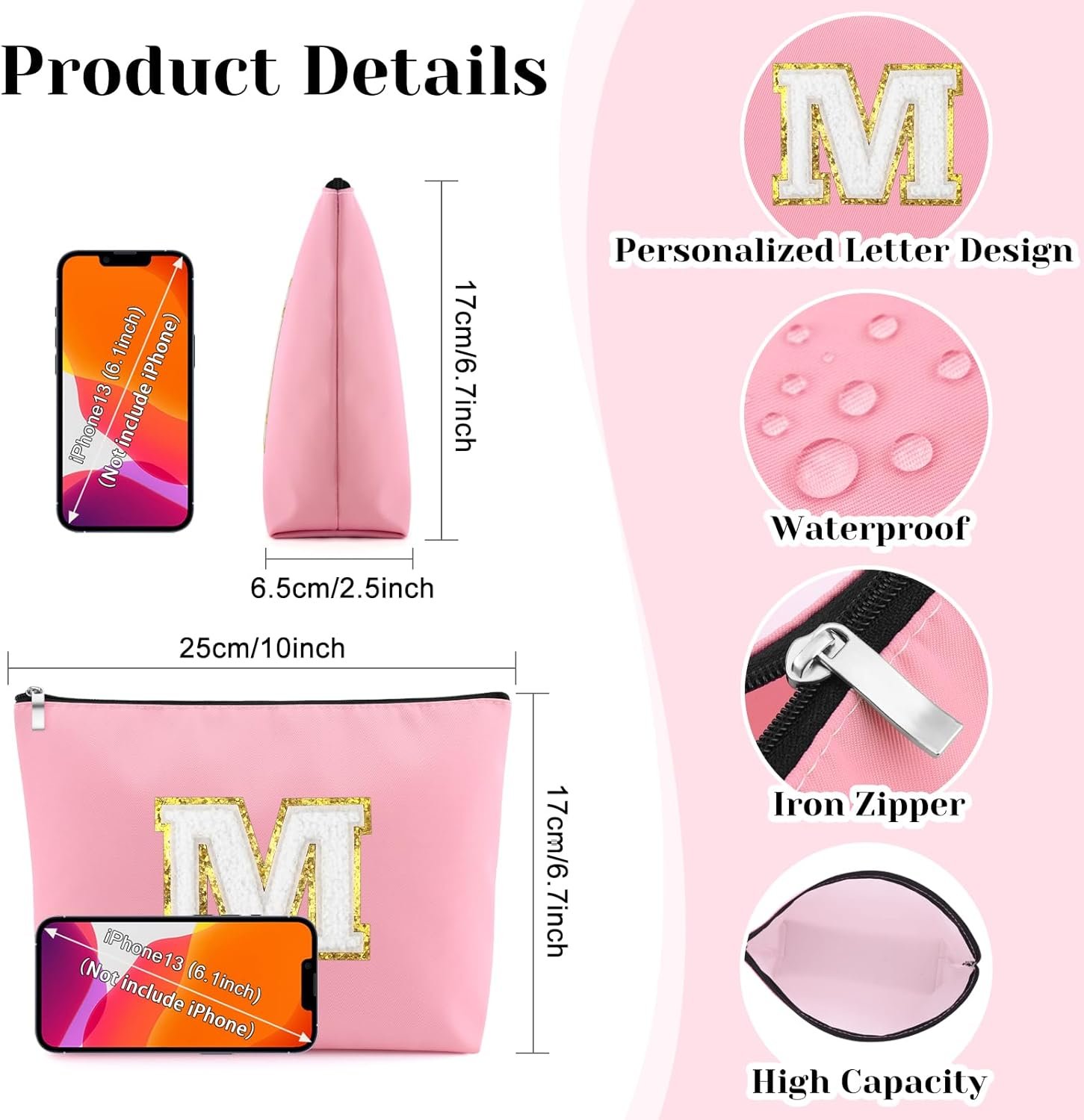 Manufacturer Personalized Initial Makeup Bag A-Z Travel Toiletry Bags Private Label Oxford Cloth Cosmetic Bag Custom Logo Letter M Birthday Christmas Mothers Day Valentines Day Gifts for Women