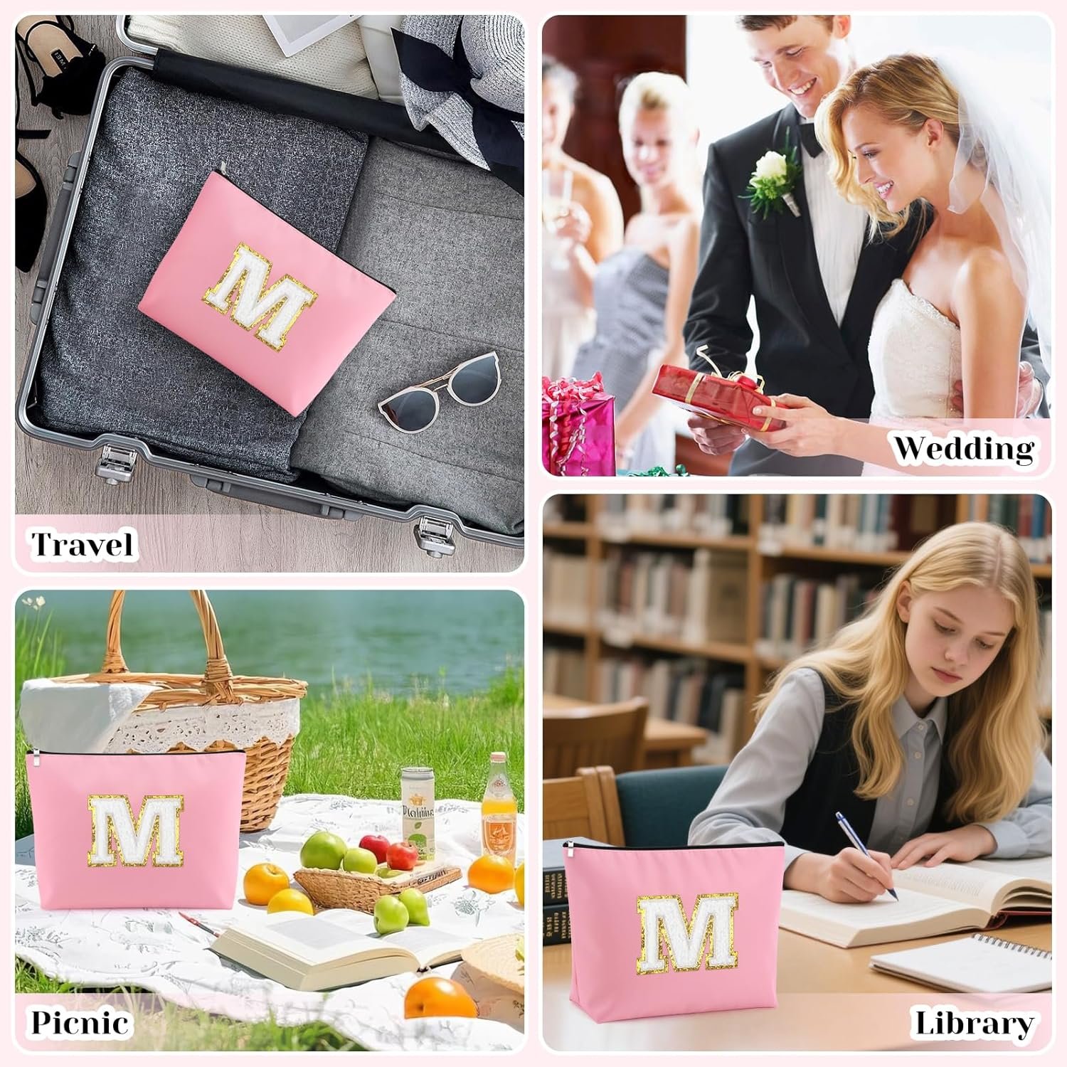 Manufacturer Personalized Initial Makeup Bag A-Z Travel Toiletry Bags Private Label Oxford Cloth Cosmetic Bag Custom Logo Letter M Birthday Christmas Mothers Day Valentines Day Gifts for Women