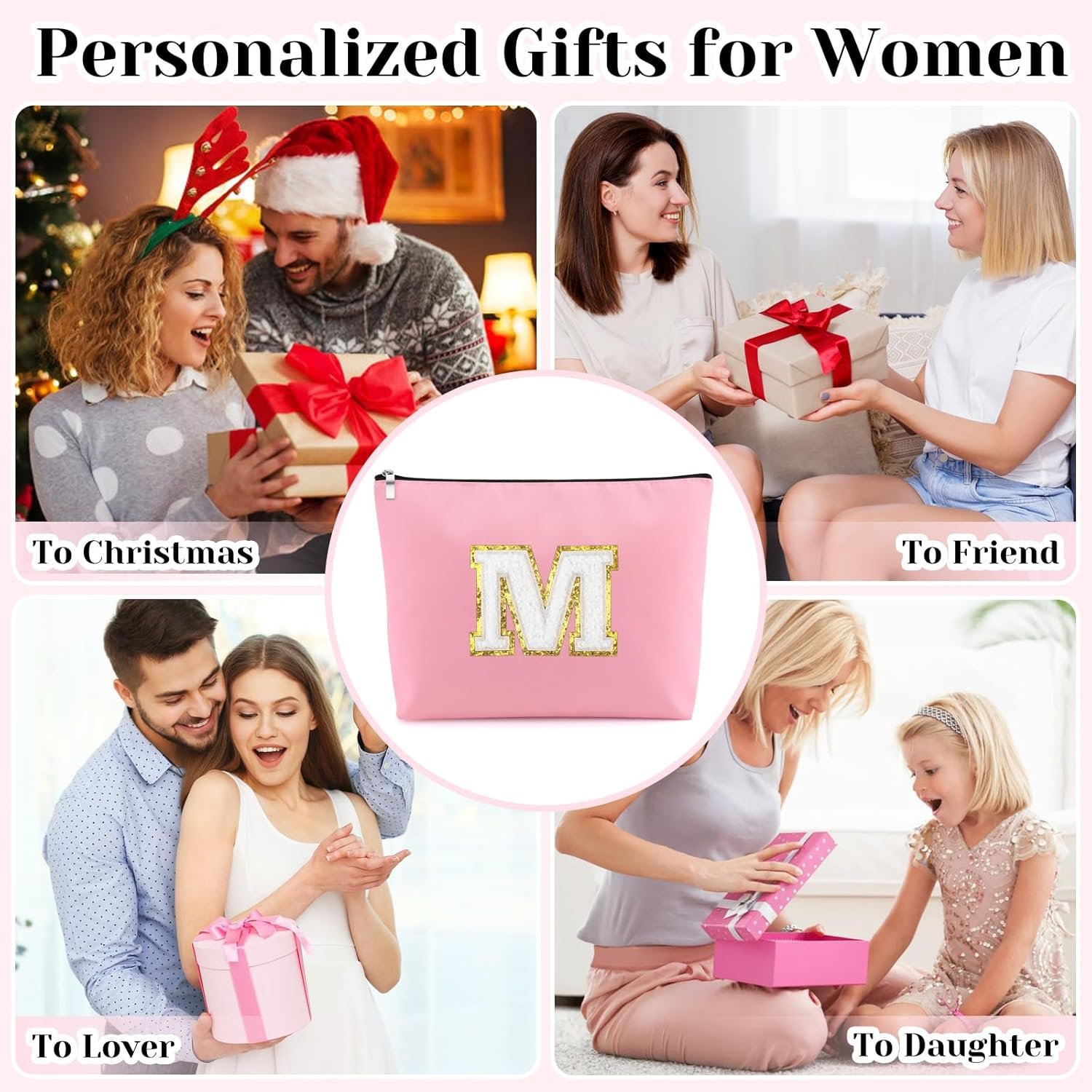 Manufacturer Personalized Initial Makeup Bag A-Z Travel Toiletry Bags Private Label Oxford Cloth Cosmetic Bag Custom Logo Letter M Birthday Christmas Mothers Day Valentines Day Gifts for Women