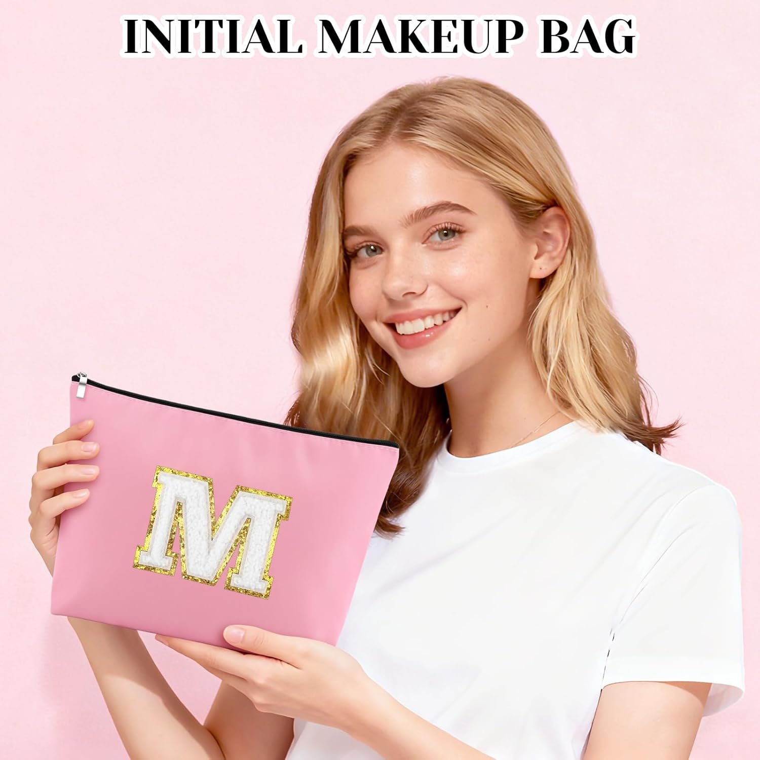 Manufacturer Personalized Initial Makeup Bag A-Z Travel Toiletry Bags Private Label Oxford Cloth Cosmetic Bag Custom Logo Letter M Birthday Christmas Mothers Day Valentines Day Gifts for Women