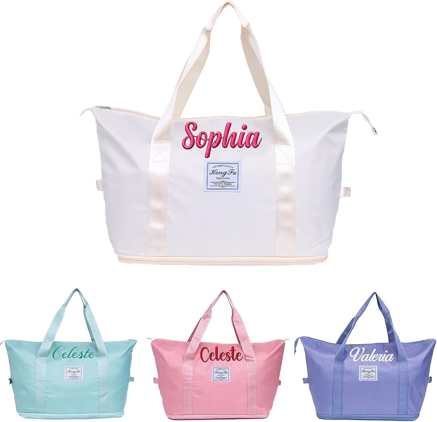 Private Label Women's Personalized Large Capacity Travel Duffel Bag with Custom Logo Embroidery Name Expandable Waterproof Wet Pocket Trolley Sleeve Weekender Overnight Carry On Sports Dance Gym Factory