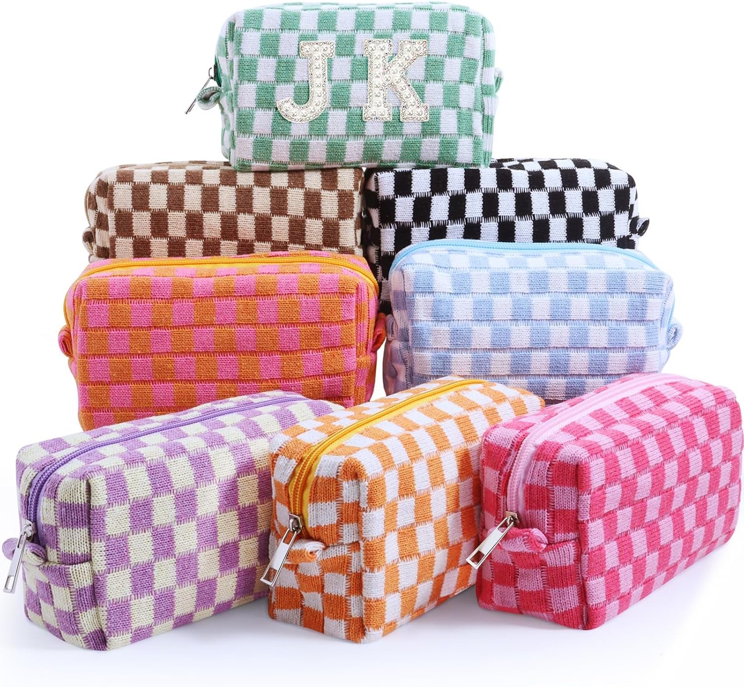 Private Label 8 Pcs Checkered Makeup Bag Bulk Cosmetic Organizer for Women & Teens Preppy Travel Toiletry Pouch with Custom Logo for Skincare & Brushes Bridesmaid Proposal Gifts from Factory Classic Color