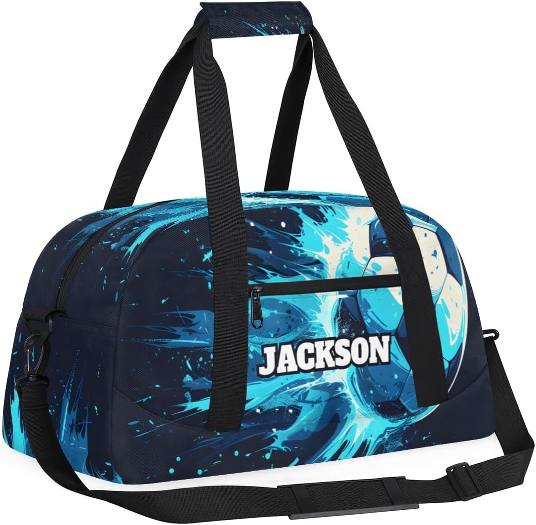 Private Label Personalized Soccer Gym Duffel Bags for Kids Boys with Custom Logo Custom Name Sport Training Travel Overnight Weekender Manufacturer Black Cyan