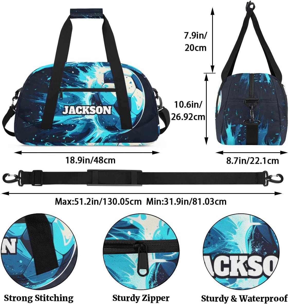 Private Label Personalized Soccer Gym Duffel Bags for Kids Boys with Custom Logo Custom Name Sport Training Travel Overnight Weekender Manufacturer Black Cyan