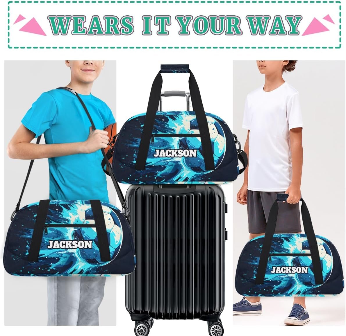 Private Label Personalized Soccer Gym Duffel Bags for Kids Boys with Custom Logo Custom Name Sport Training Travel Overnight Weekender Manufacturer Black Cyan