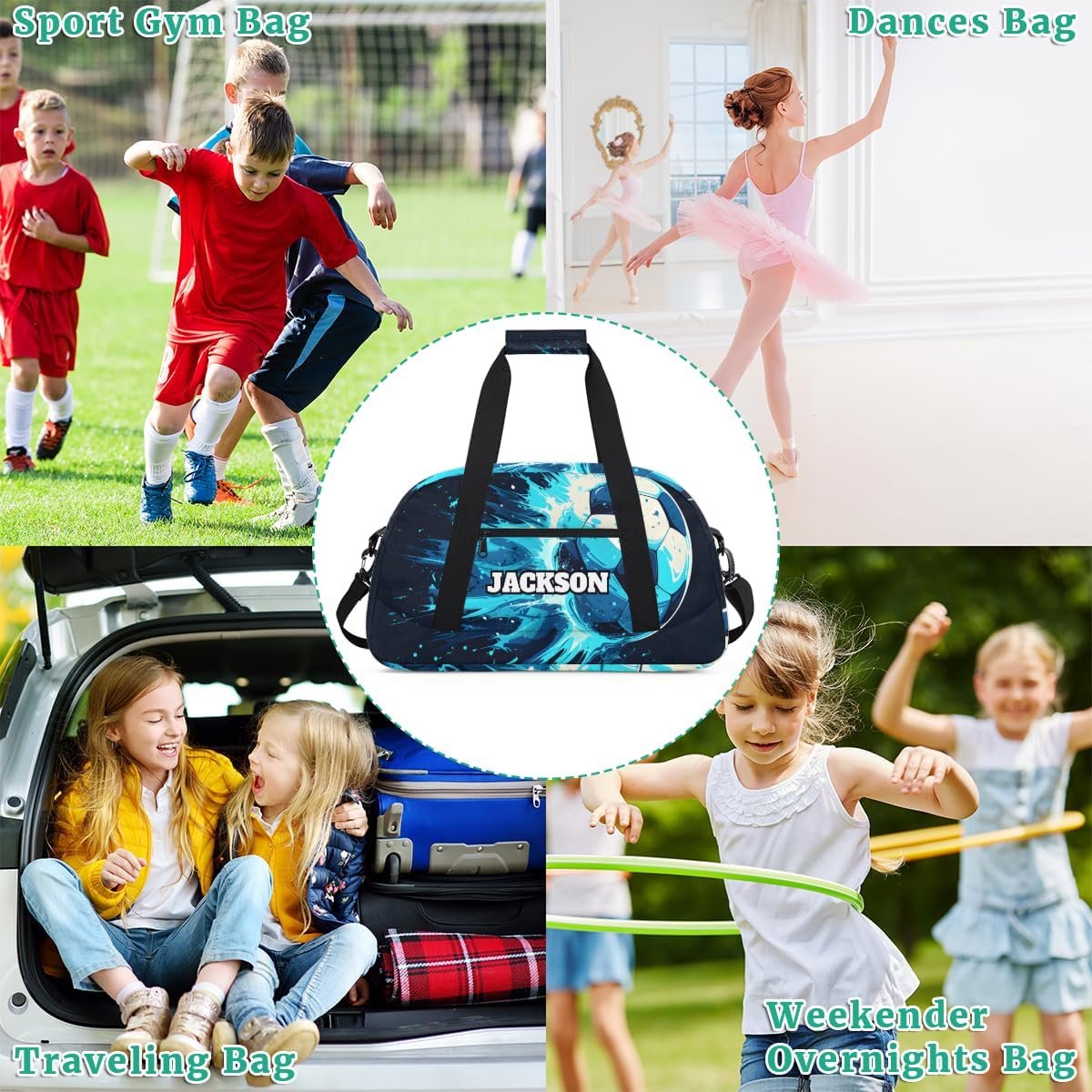 Private Label Personalized Soccer Gym Duffel Bags for Kids Boys with Custom Logo Custom Name Sport Training Travel Overnight Weekender Manufacturer Black Cyan