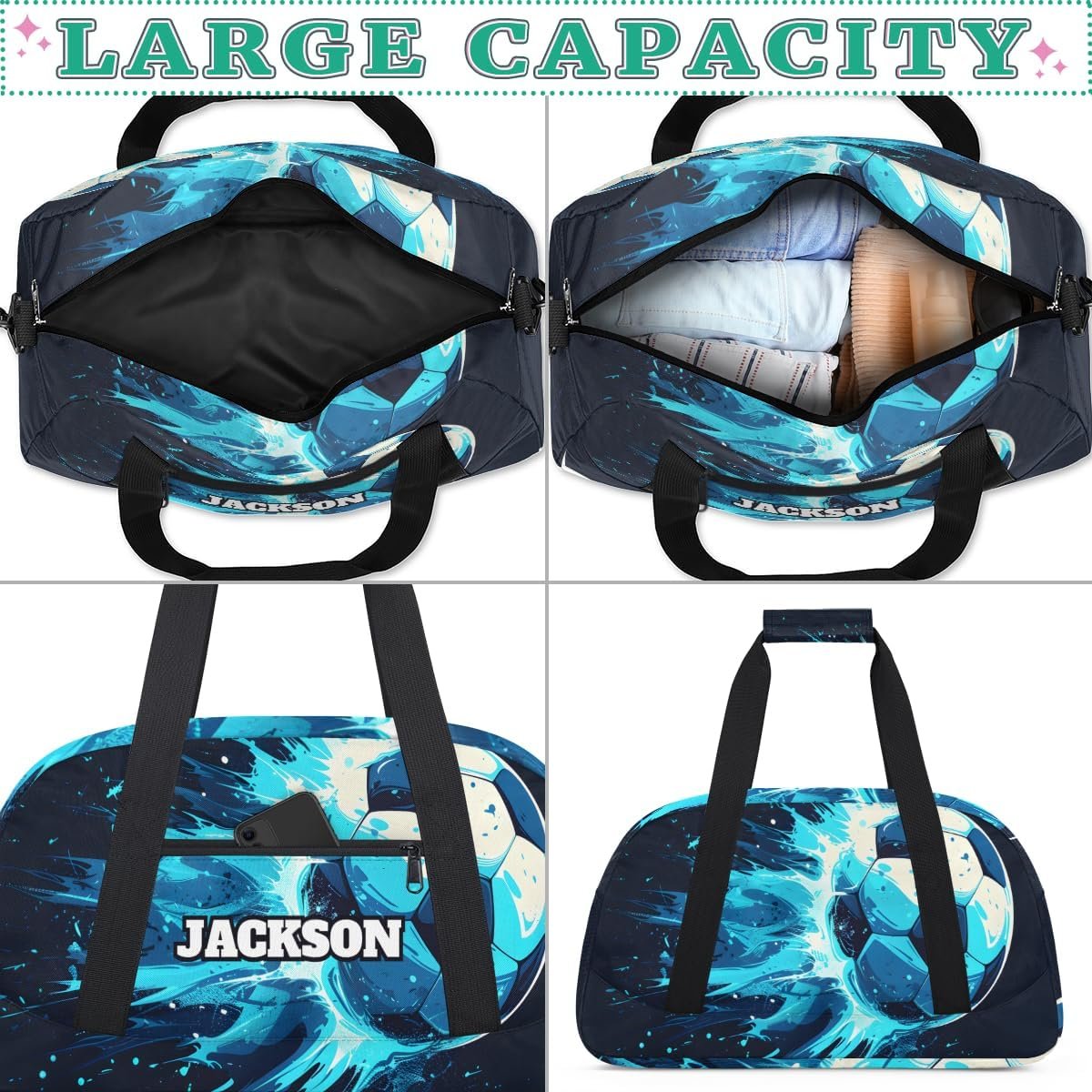 Private Label Personalized Soccer Gym Duffel Bags for Kids Boys with Custom Logo Custom Name Sport Training Travel Overnight Weekender Manufacturer Black Cyan