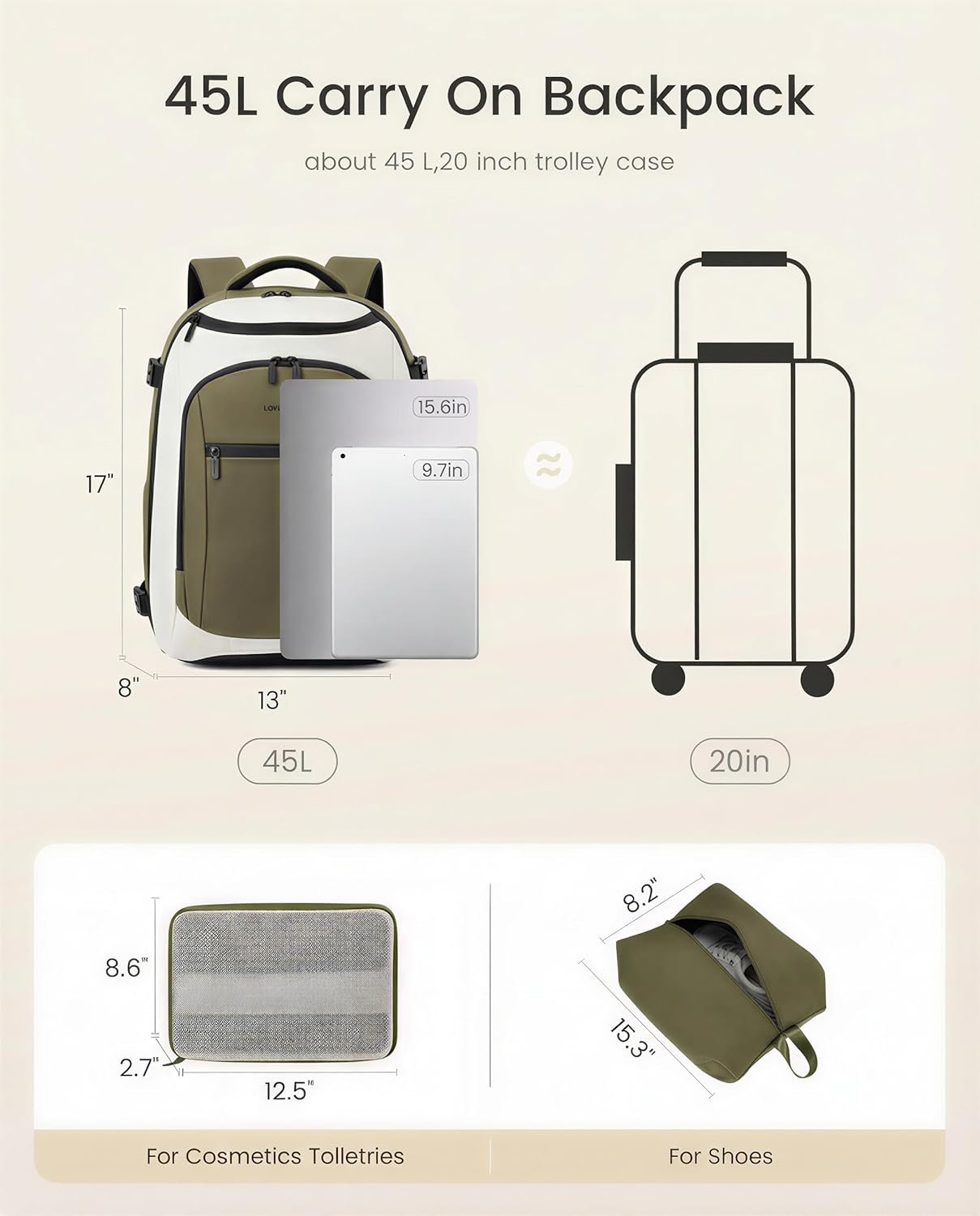 Factory 40L Travel Backpack for Women & Men Airline Approved Carry On with Custom Logo 3 Packing Cubes TSA Waterproof Personal Item Weekender Bag Fits 18