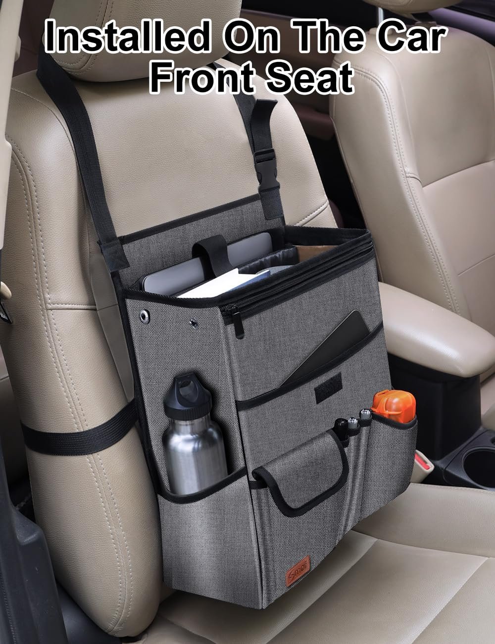 Private Label Hanging Car Seat Organizer for Front Passenger and Back Seats Manufacturer with Multiple Pockets Separate Laptop Pocket Cup Holder Travel Accessories Custom Logo