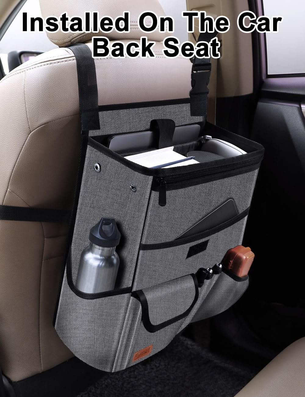 Private Label Hanging Car Seat Organizer for Front Passenger and Back Seats Manufacturer with Multiple Pockets Separate Laptop Pocket Cup Holder Travel Accessories Custom Logo