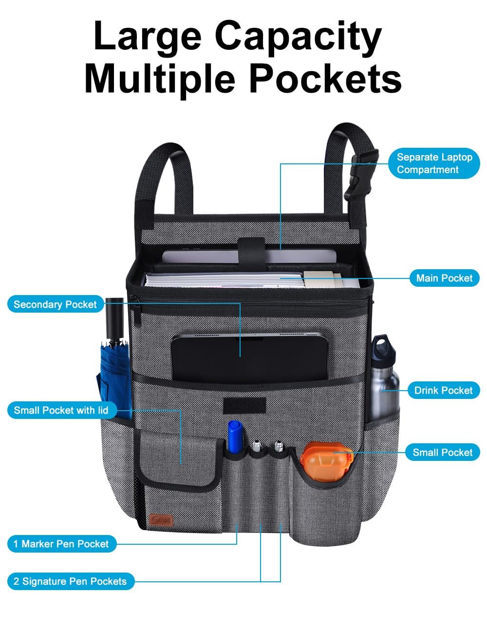 Private Label Hanging Car Seat Organizer for Front Passenger and Back Seats Manufacturer with Multiple Pockets Separate Laptop Pocket Cup Holder Travel Accessories Custom Logo