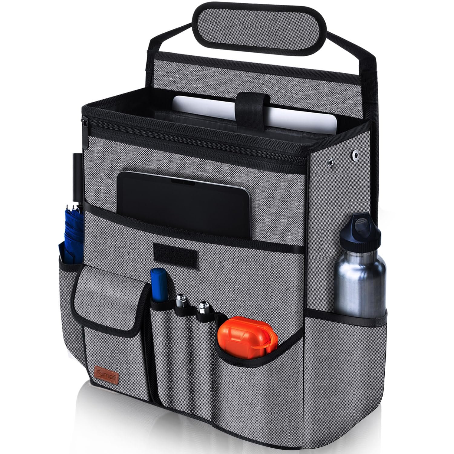 Private Label Hanging Car Seat Organizer for Front Passenger and Back Seats Manufacturer with Multiple Pockets Separate Laptop Pocket Cup Holder Travel Accessories Custom Logo