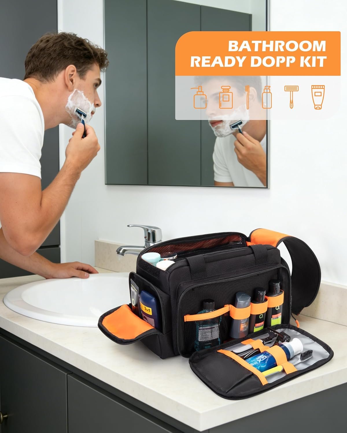 Custom Logo Extra Large Tactical Travel Toiletry Bag for Men Private Label Dopp Kit Organizer with Dual Way Zippers for Shaving Grooming Bathroom Essentials Manufacturer Black Empty Bag