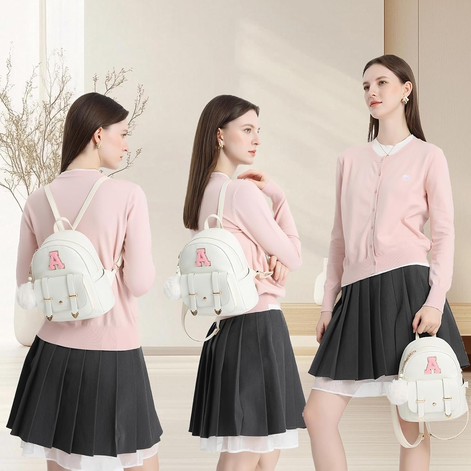 Manufacturer Direct Cute Mini Small Backpack Purse for Women Custom Logo Personalized Letter Leather Pompom Shoulder Bag Private Label - White Letter B