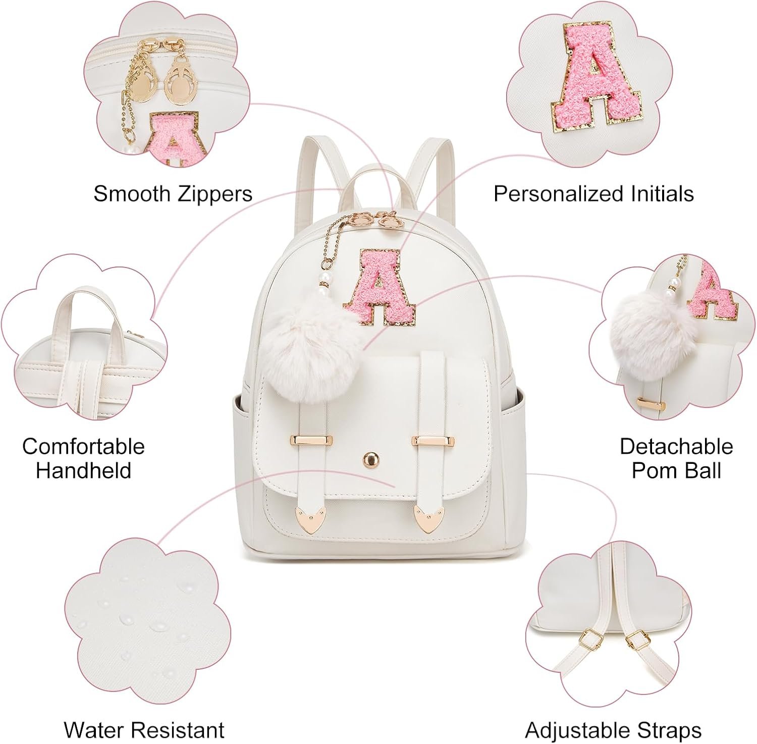 Manufacturer Direct Cute Mini Small Backpack Purse for Women Custom Logo Personalized Letter Leather Pompom Shoulder Bag Private Label - White Letter B