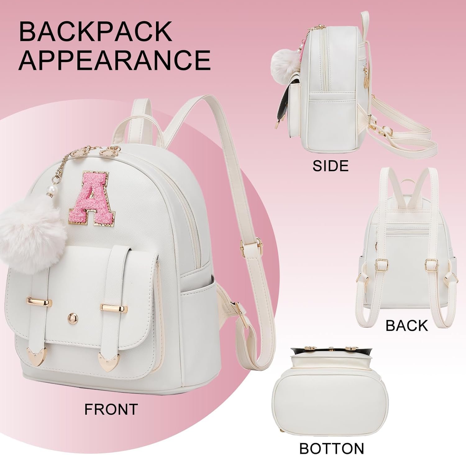 Manufacturer Direct Cute Mini Small Backpack Purse for Women Custom Logo Personalized Letter Leather Pompom Shoulder Bag Private Label - White Letter B