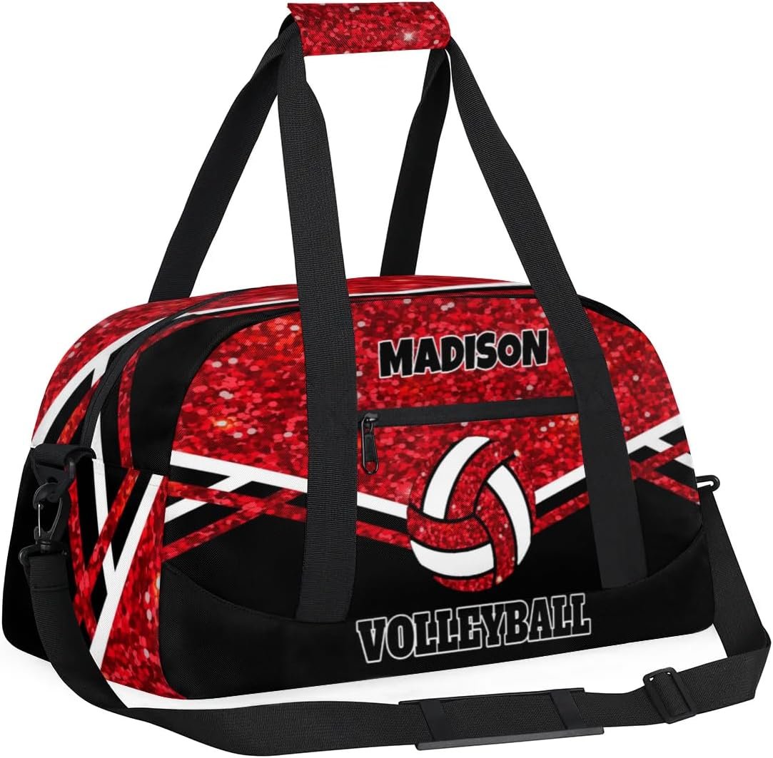 Private Label Personalized Sports Volleyball Gym Duffel Weekender Travel Bag Custom Logo Team Name Red Glittering with Black Factory
