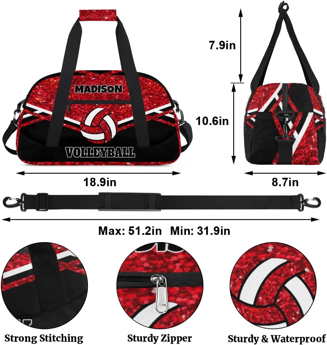 Private Label Personalized Sports Volleyball Gym Duffel Weekender Travel Bag Custom Logo Team Name Red Glittering with Black Factory