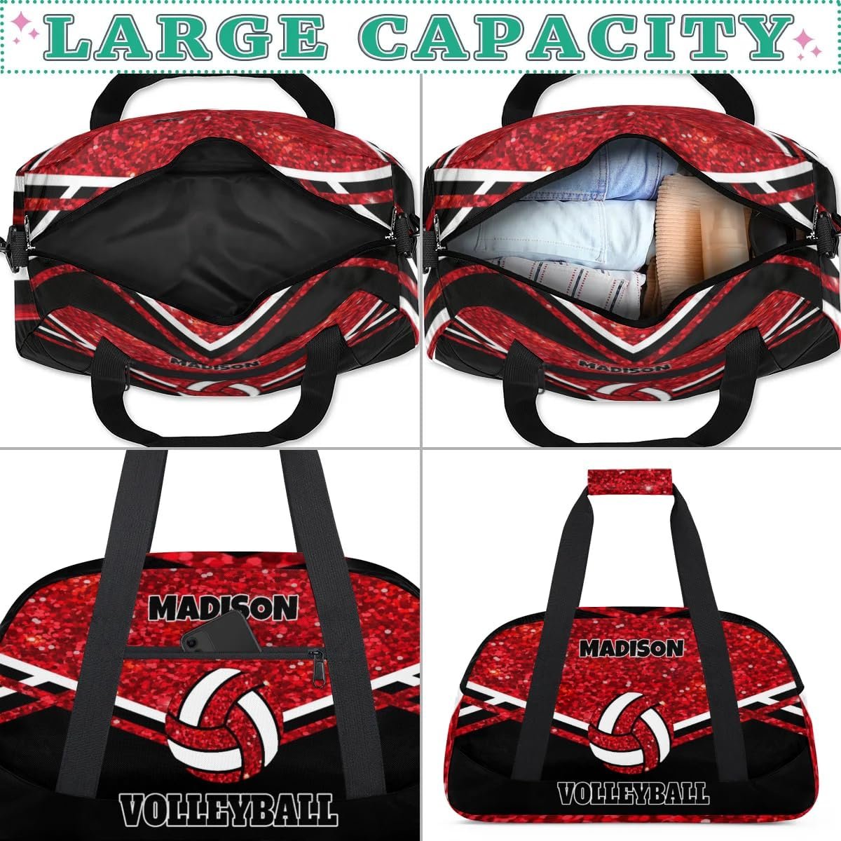 Private Label Personalized Sports Volleyball Gym Duffel Weekender Travel Bag Custom Logo Team Name Red Glittering with Black Factory