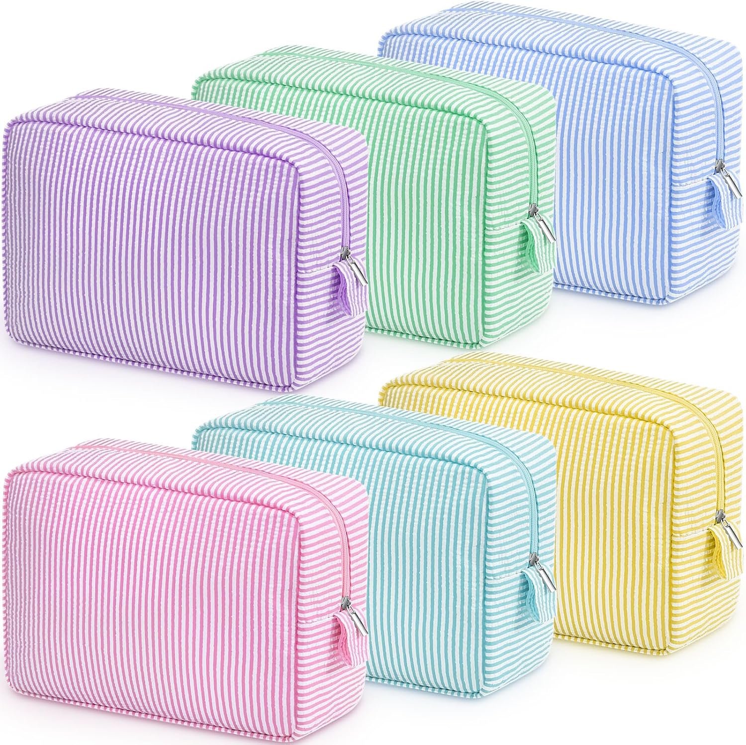 Private Label Bulk 6 Pcs Seersucker Cosmetic Bags Pinstripe Makeup Bags for Women Aesthetic Cute Travel Toiletry Organizers Custom Logo Preppy Storage Pouches Large Macaron Color Manufacturer