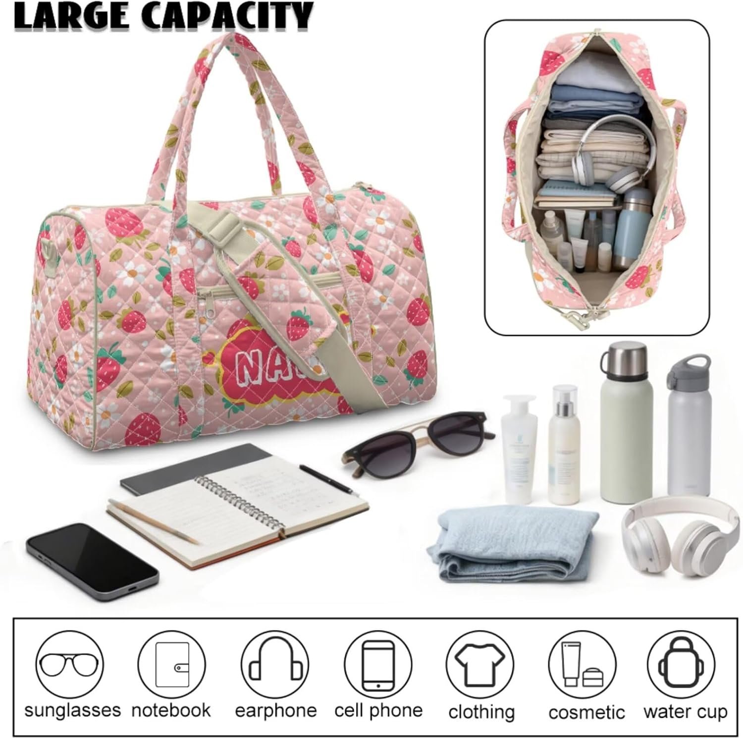Private Label 2 Piece Pink Personalized Travel Bag Sets for Girls Custom Logo Quilted Duffle Makeup Organizer with Handle Pocket Lightweight Airline Personal Item Cosmetics Bag Manufacturer