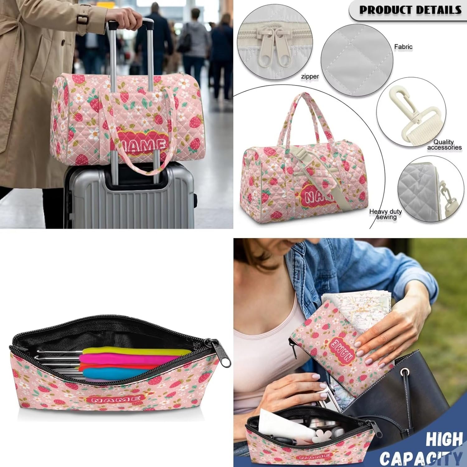 Private Label 2 Piece Pink Personalized Travel Bag Sets for Girls Custom Logo Quilted Duffle Makeup Organizer with Handle Pocket Lightweight Airline Personal Item Cosmetics Bag Manufacturer