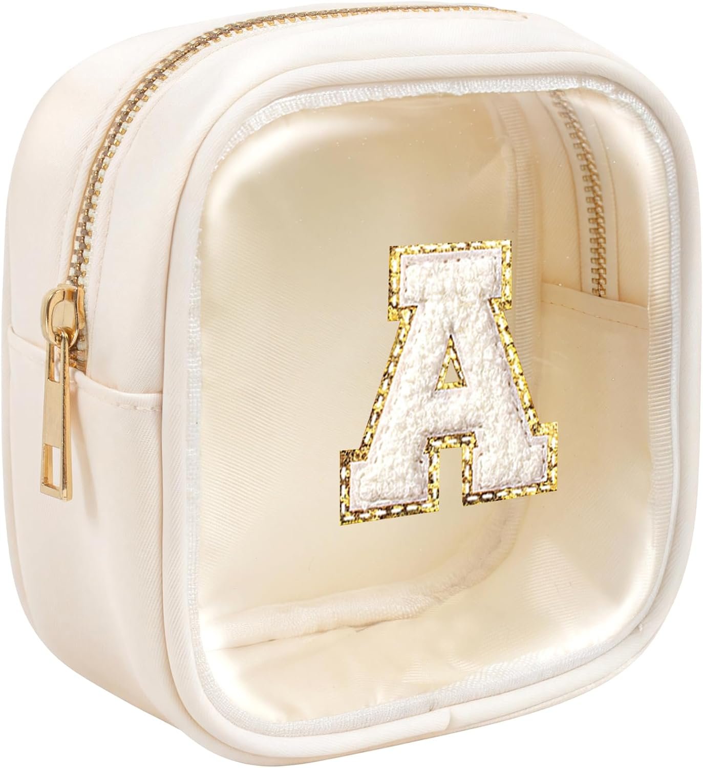 Private Label Initial Small Makeup Travel Toiletry Bag Clear Preppy Cosmetic Organizer Custom Logo Beige A Valentine's Birthday Gifts for Teen Girls Women Girlfriend Teacher Mom Manufacturer