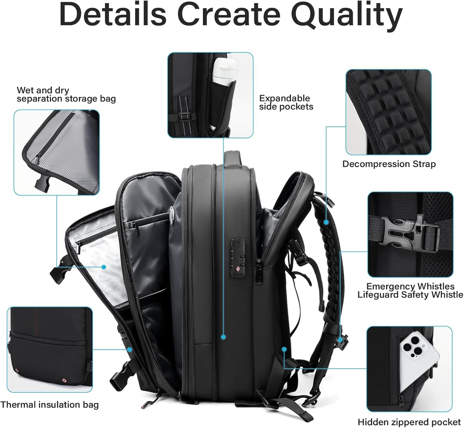 Private Label 60L Expandable Vacuum Travel Backpack with Custom Logo and TSA Lock Fits 17.3 Inch Laptop from Manufacturer Black with External Air Pump