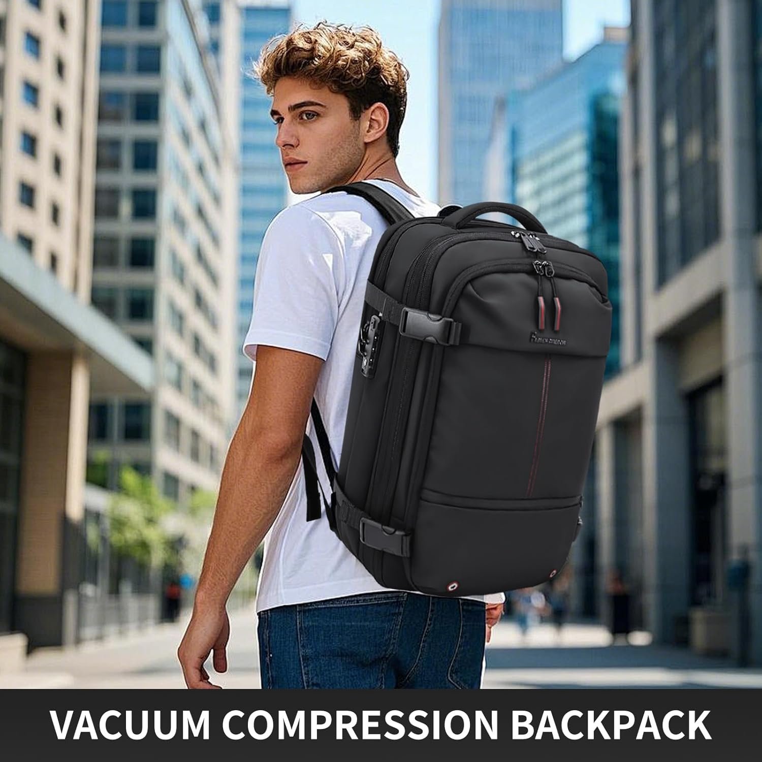 Private Label 60L Expandable Vacuum Travel Backpack with Custom Logo and TSA Lock Fits 17.3 Inch Laptop from Manufacturer Black with External Air Pump