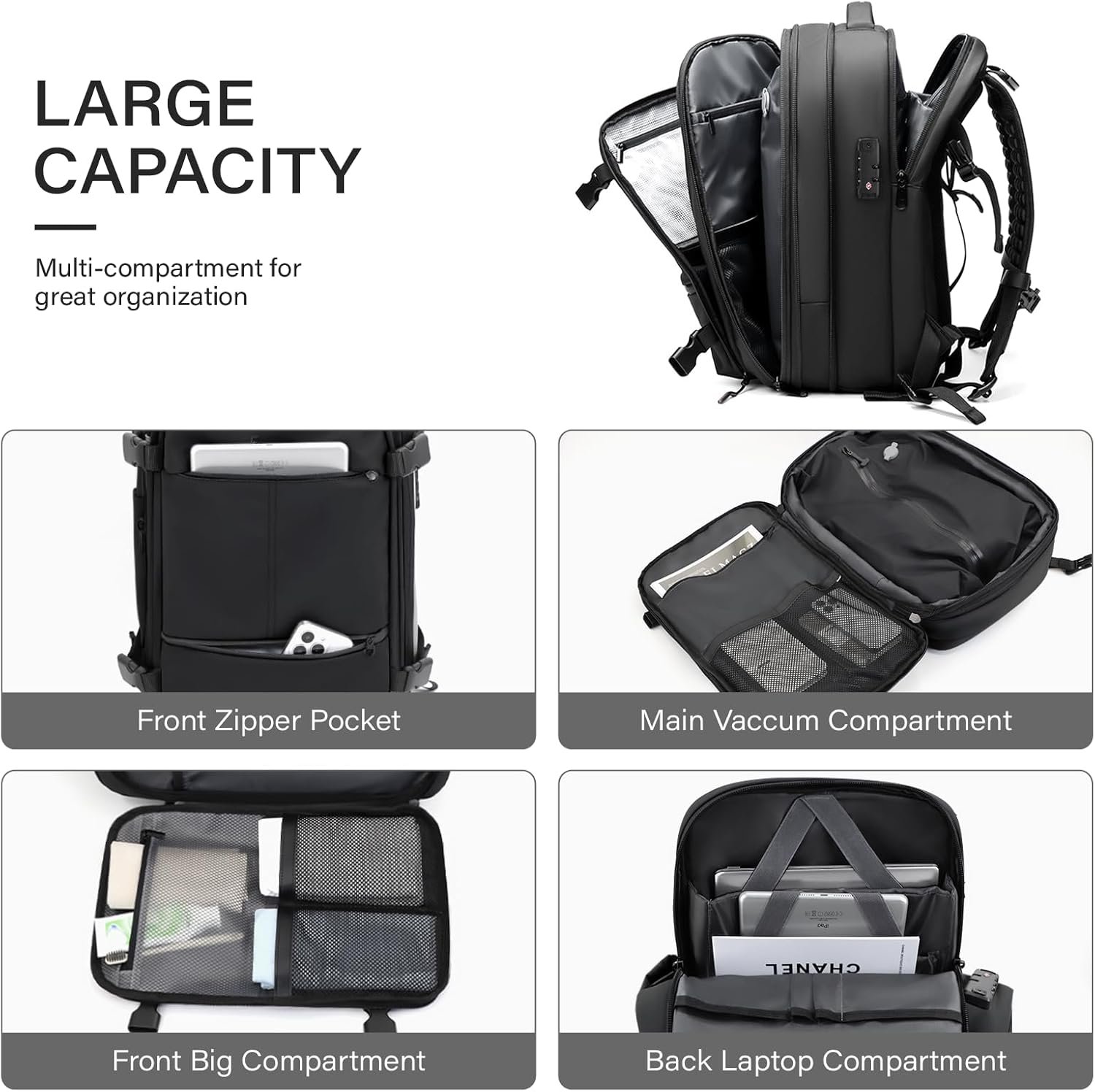 Private Label 60L Expandable Vacuum Travel Backpack with Custom Logo and TSA Lock Fits 17.3 Inch Laptop from Manufacturer Black with External Air Pump