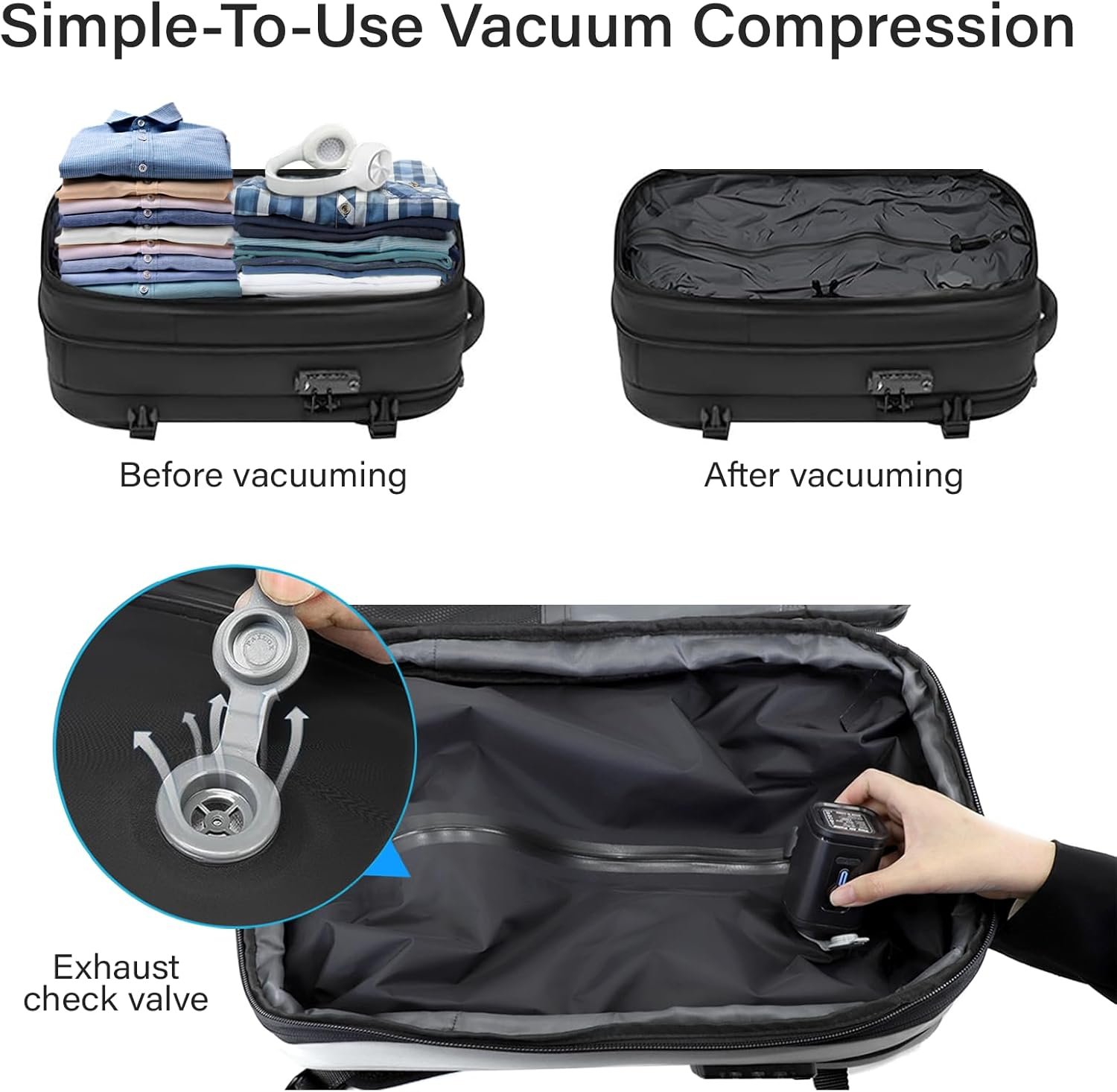 Private Label 60L Expandable Vacuum Travel Backpack with Custom Logo and TSA Lock Fits 17.3 Inch Laptop from Manufacturer Black with External Air Pump