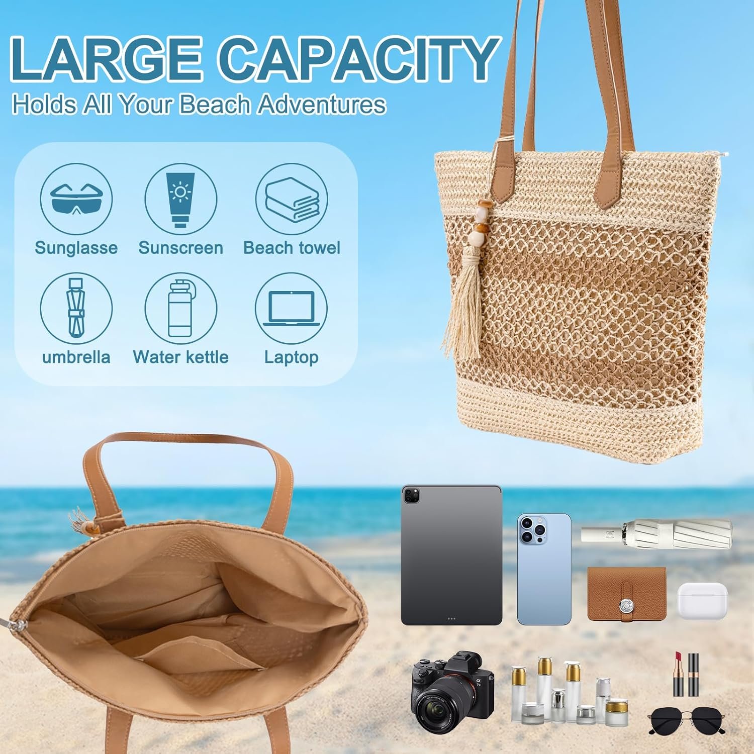 Custom Logo Straw Beach Tote Bag for Women - Handwoven Summer Handbag with Zipper Large Roomy Perfect for Vacation Travel Pool Lightweight Foldable Boho Style Private Label Factory Custom Logo Straw Beach Tote Bag for Women - Handwoven Summer Handbag with Zipper Large Roomy Perfect for Vacation Travel Pool Lightweight Foldable Boho Style Private Label Factory