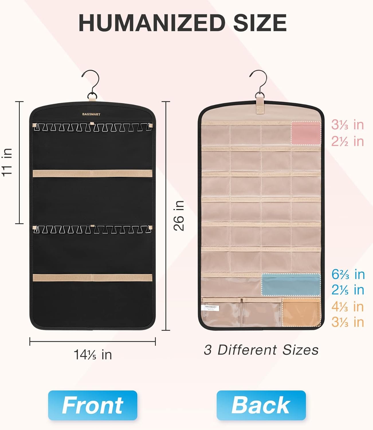 Private Label Hanging Anti-Tangle Jewelry Organizer Necklace Holder for Earrings Rings Custom Logo with 10 Jewelry Bags Travel Storage Roll Pockets Hangs on Closet Wall Door Manufacturer 1 Piece Small Black