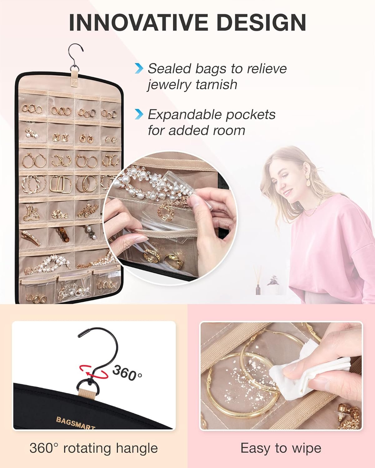 Private Label Hanging Anti-Tangle Jewelry Organizer Necklace Holder for Earrings Rings Custom Logo with 10 Jewelry Bags Travel Storage Roll Pockets Hangs on Closet Wall Door Manufacturer 1 Piece Small Black