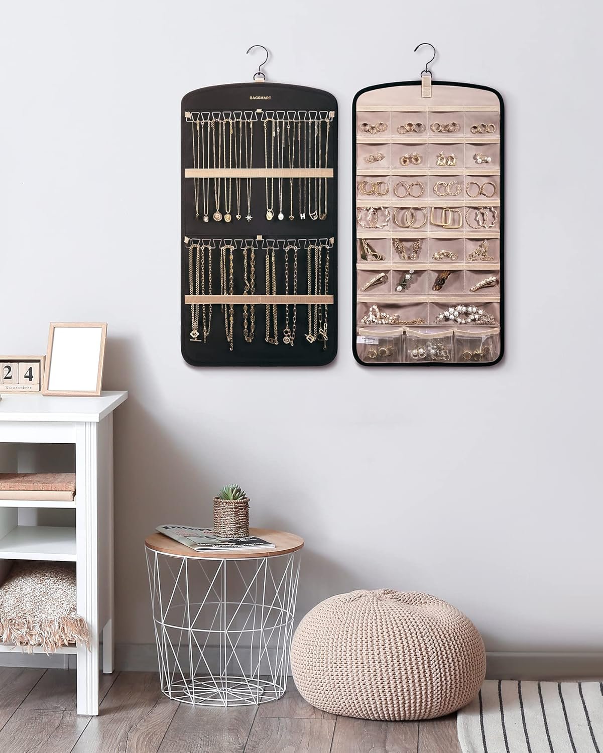 Private Label Hanging Anti-Tangle Jewelry Organizer Necklace Holder for Earrings Rings Custom Logo with 10 Jewelry Bags Travel Storage Roll Pockets Hangs on Closet Wall Door Manufacturer 1 Piece Small Black