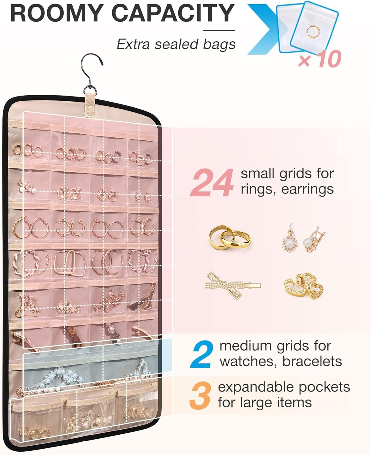Private Label Hanging Anti-Tangle Jewelry Organizer Necklace Holder for Earrings Rings Custom Logo with 10 Jewelry Bags Travel Storage Roll Pockets Hangs on Closet Wall Door Manufacturer 1 Piece Small Black