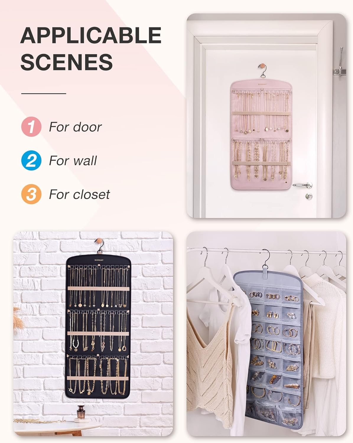 Private Label Hanging Anti-Tangle Jewelry Organizer Necklace Holder for Earrings Rings Custom Logo with 10 Jewelry Bags Travel Storage Roll Pockets Hangs on Closet Wall Door Manufacturer 1 Piece Small Black