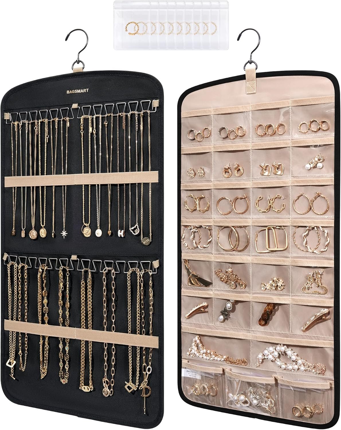 Private Label Hanging Anti-Tangle Jewelry Organizer Necklace Holder for Earrings Rings Custom Logo with 10 Jewelry Bags Travel Storage Roll Pockets Hangs on Closet Wall Door Manufacturer 1 Piece Small Black