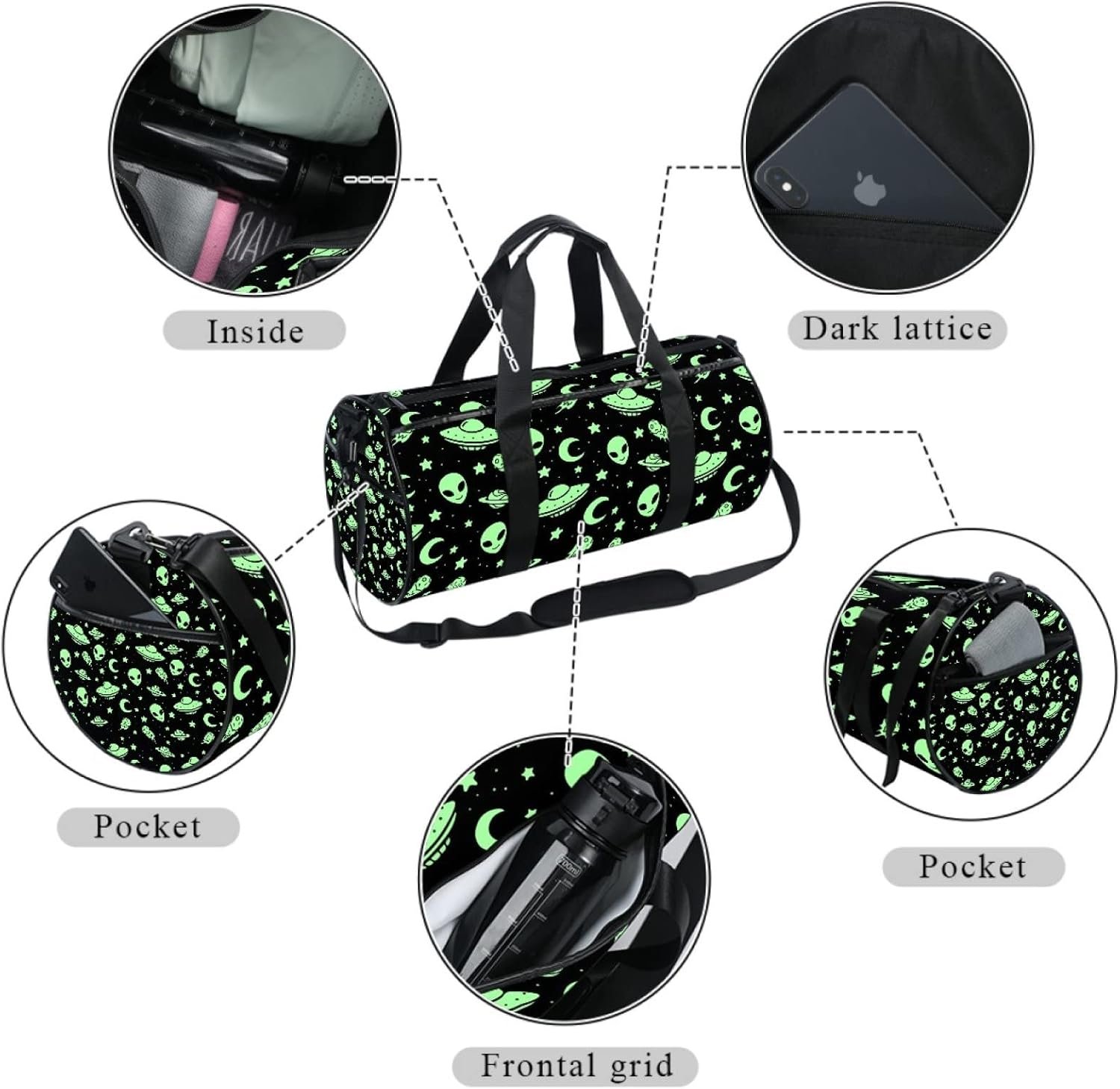 Private Label Green Alien UFO Moon Sports Gym Travel Duffel Bag Custom Logo Luggage Handbag for Women Men Manufacturer